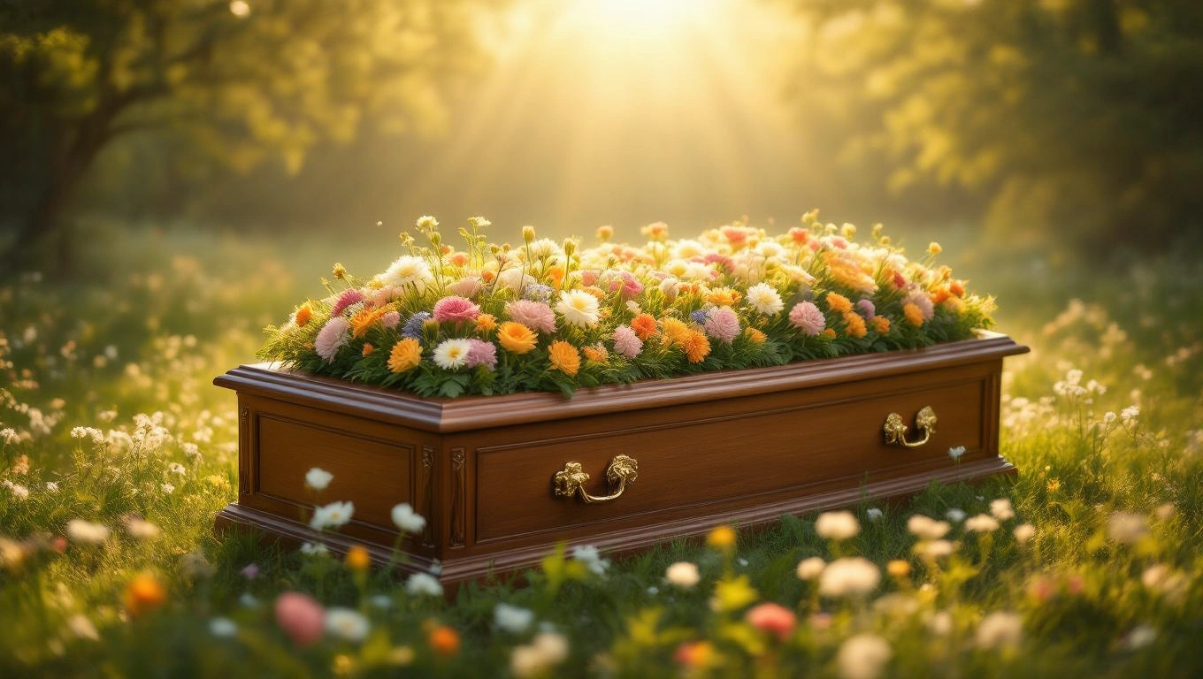 Ein mit bunten Blumen geschmückter Sarg in einer sonnigen Wiese.