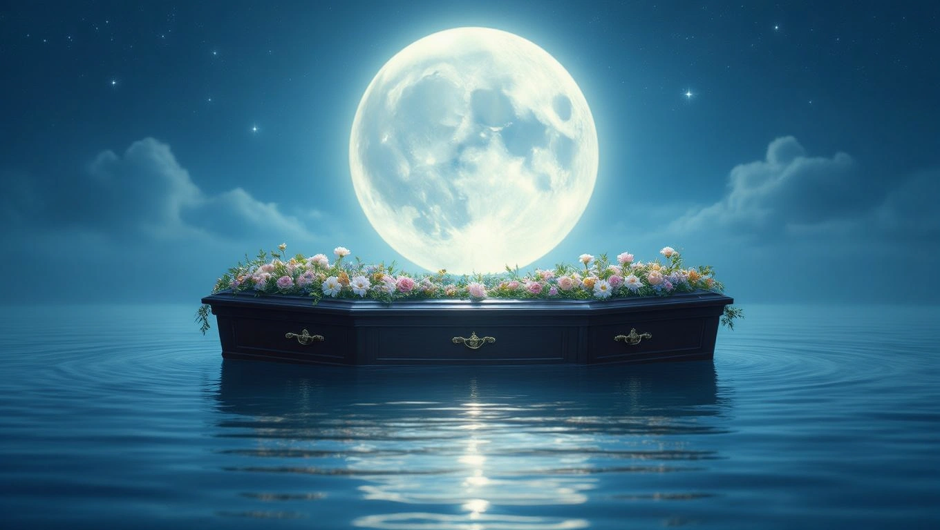 Ein Sarg mit Blumen auf ruhigem Wasser unter einem großen Mond.