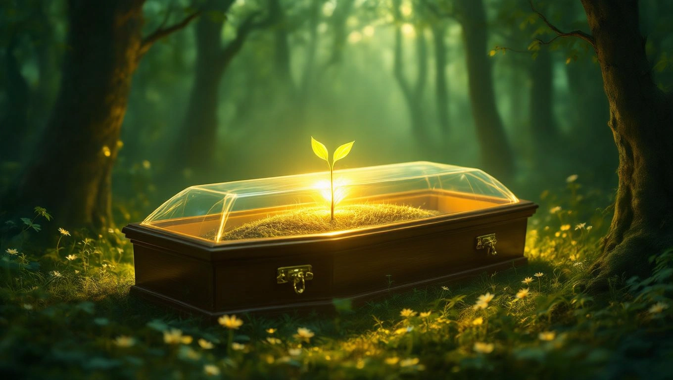 Ein Sarg mit einer wachsenden Pflanze, symbolisiert Transformation und neues Leben.