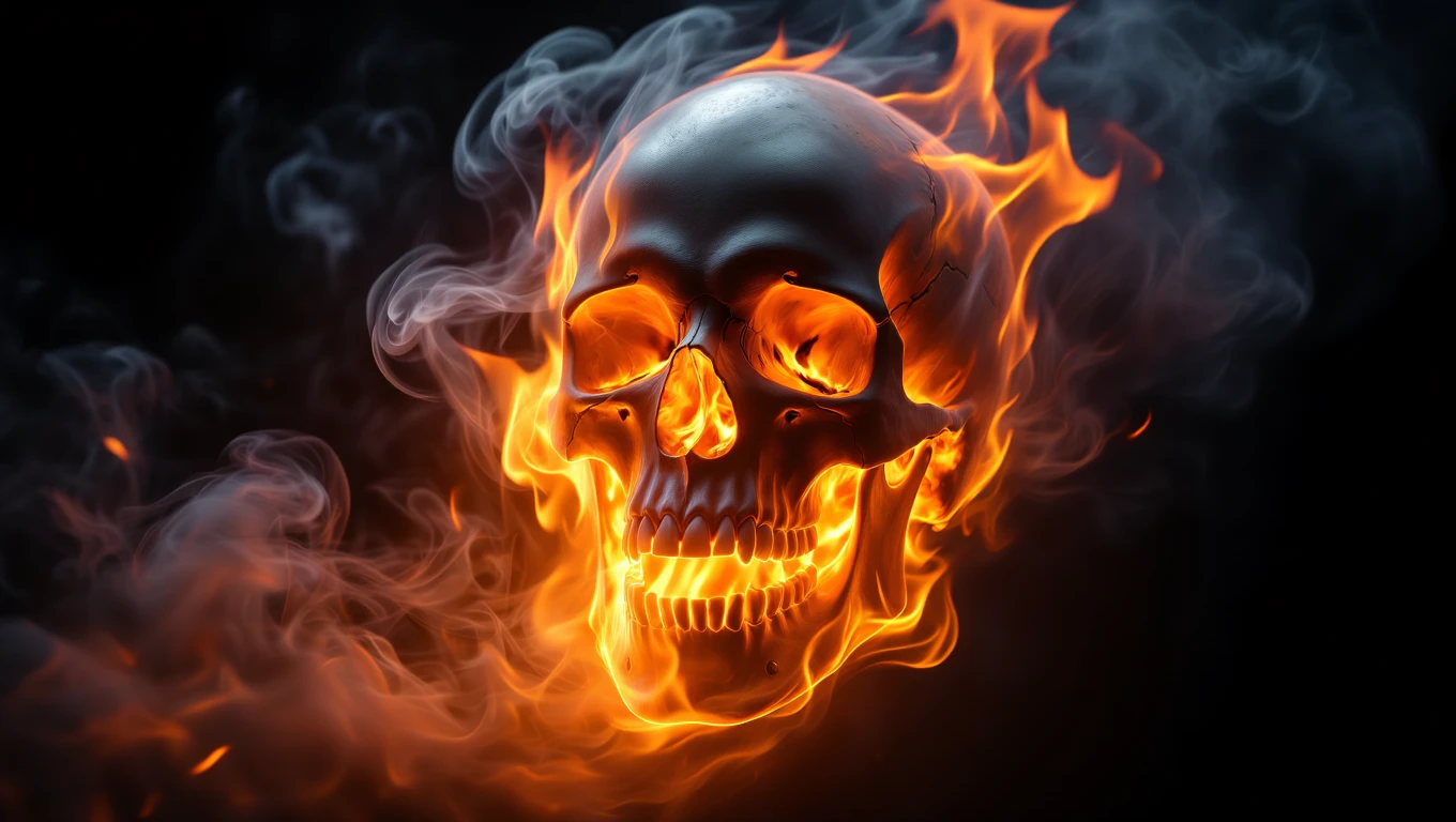 Ein brennender Schädel umgeben von Rauch, symbolisiert verborgene Weisheit.