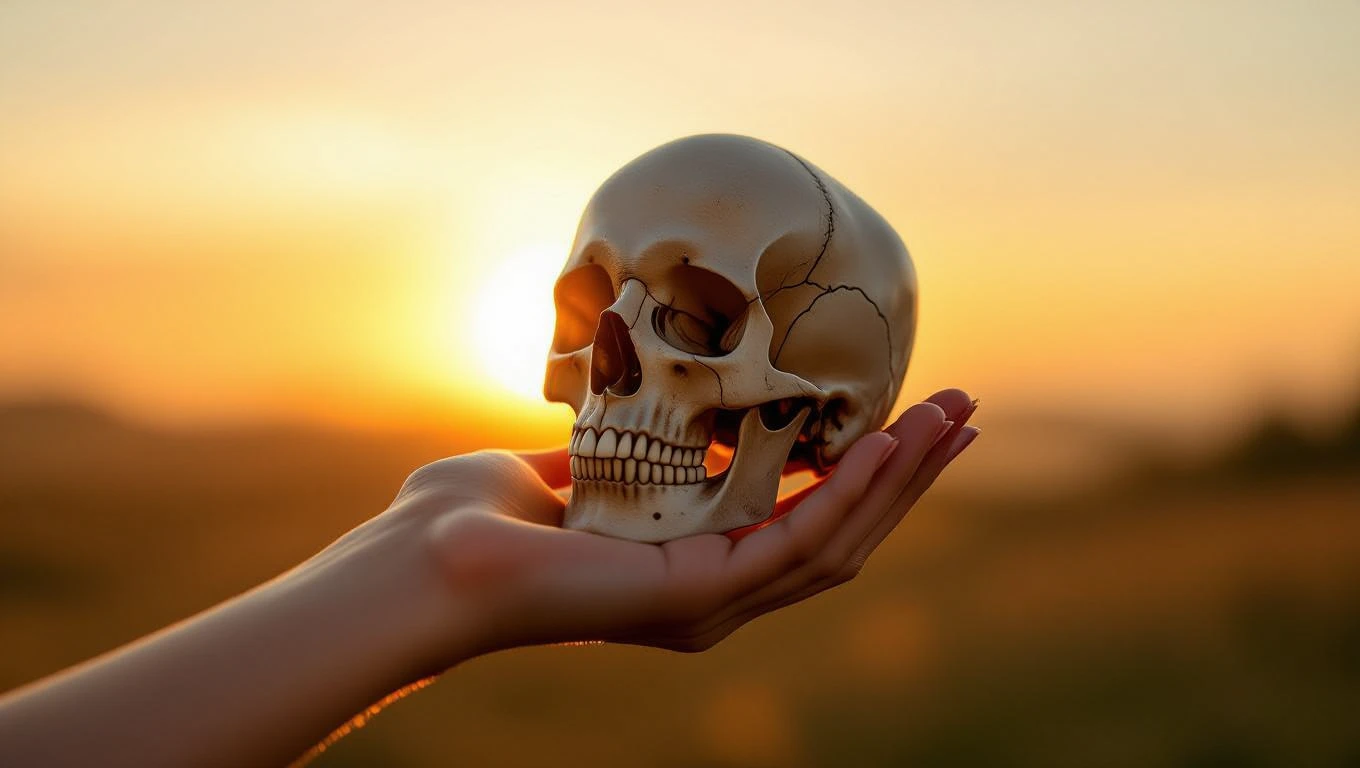 Eine Hand hält einen Schädel vor einem Sonnenuntergang, symbolisiert innere Weisheit.