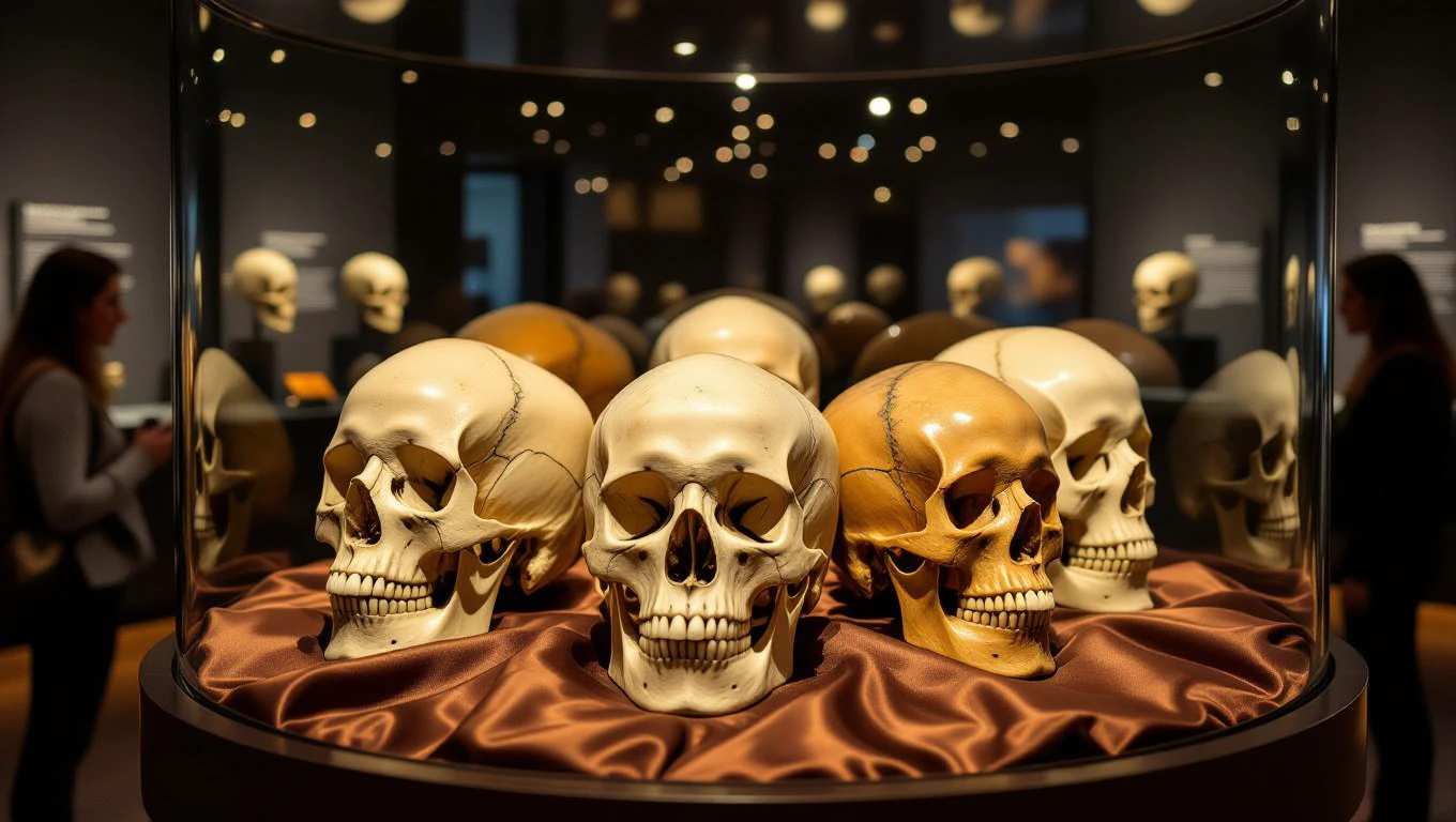 Eine Sammlung von Schädeln in einem Museum, die Weisheit und Geheimnisse symbolisieren.