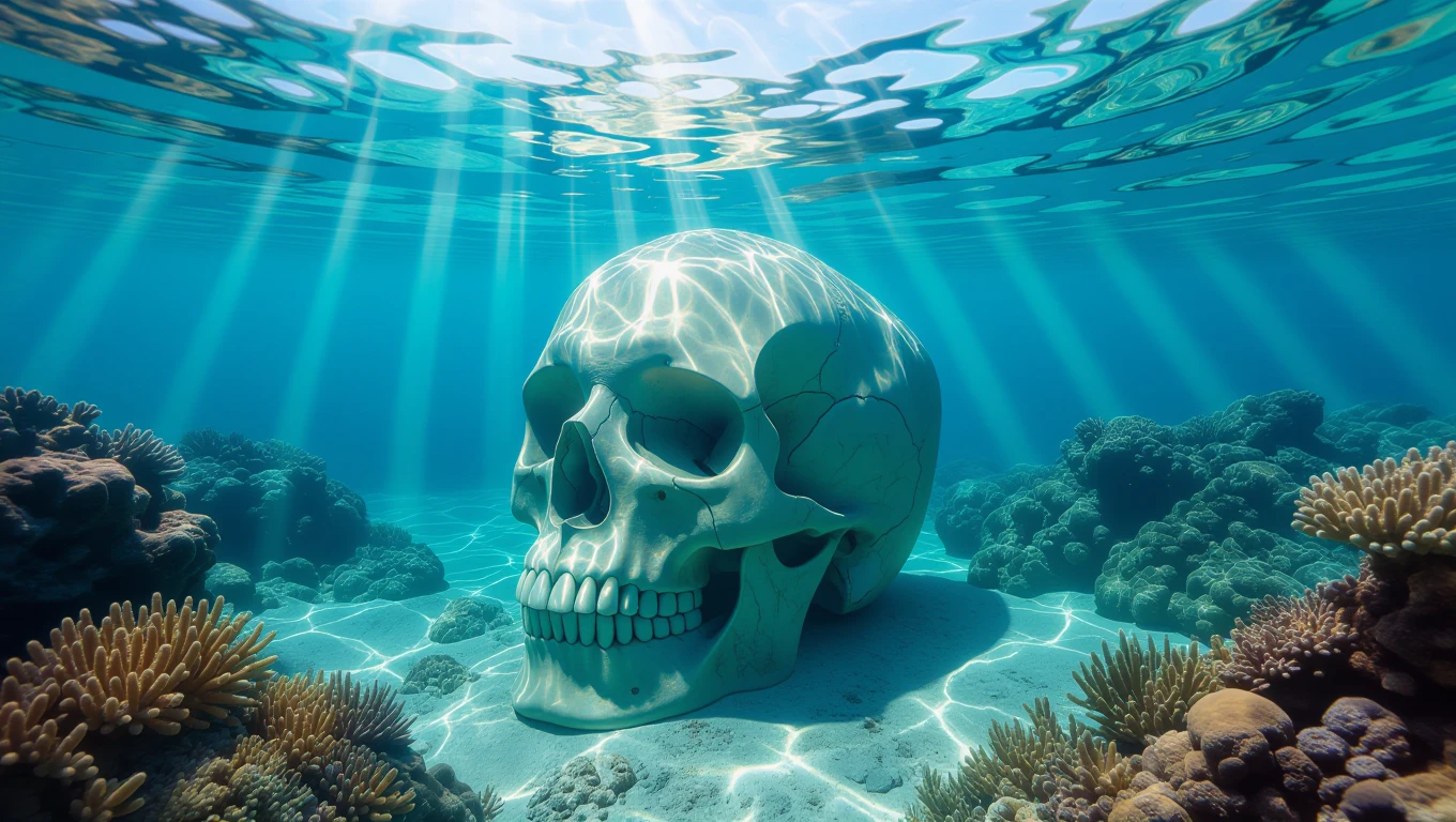 Ein großer Schädel liegt auf dem Meeresboden, umgeben von Korallen und klarem Wasser.