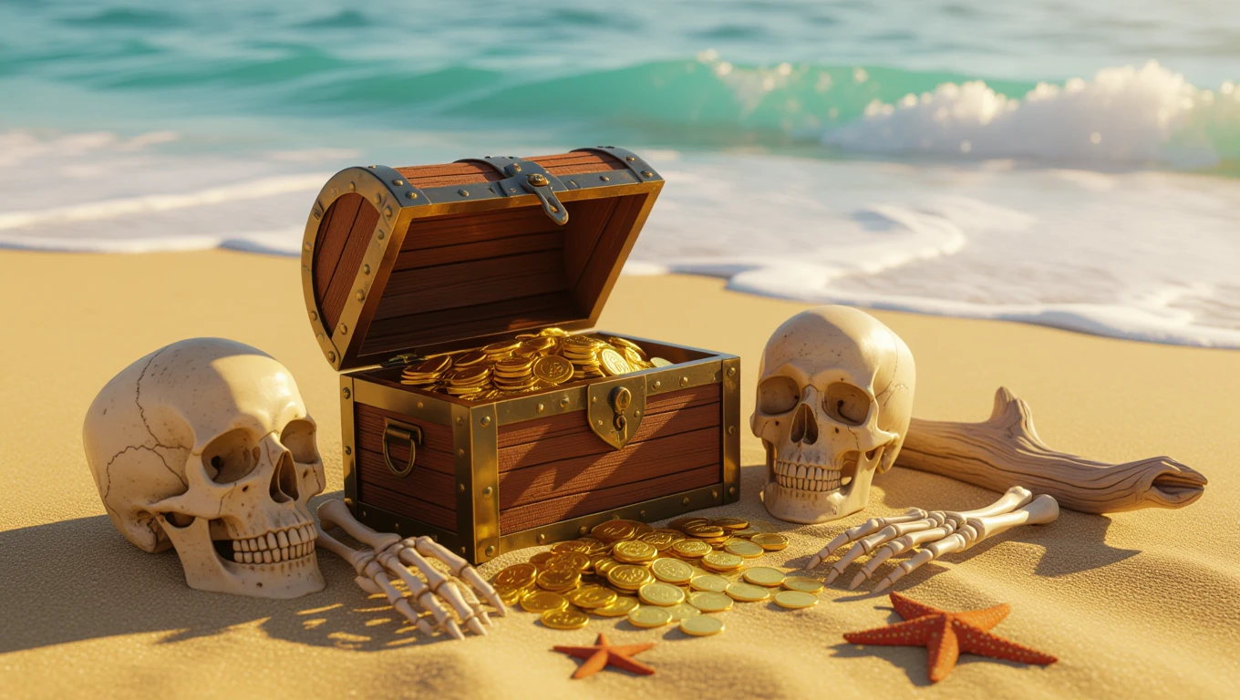 Ein menschlicher Schädel und eine Schatztruhe mit Goldmünzen am Strand.