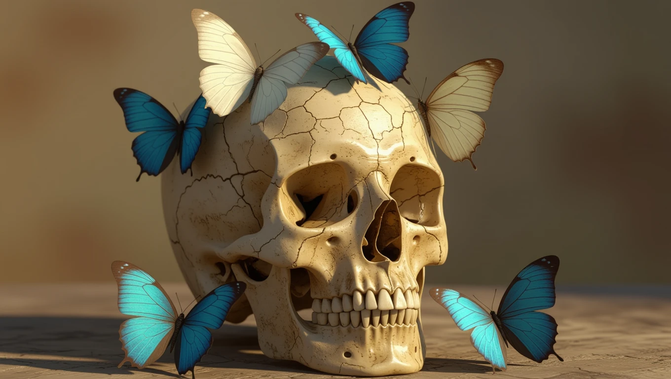 Ein Schädel umgeben von blauen und weißen Schmetterlingen, symbolisiert verborgene Weisheit.