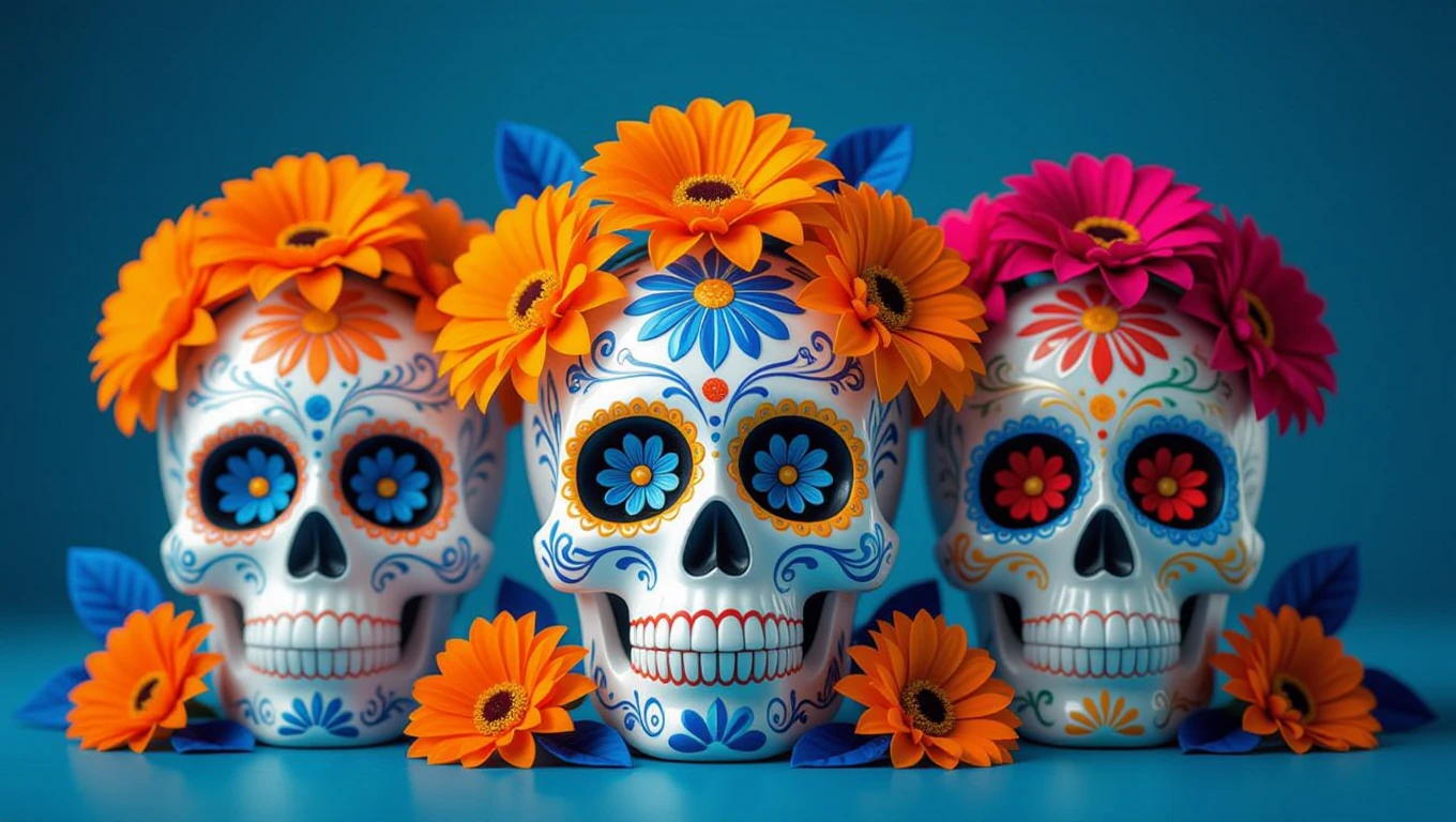Bunte Totenköpfe mit Blumen, die Weisheit und Geheimnisse symbolisieren.
