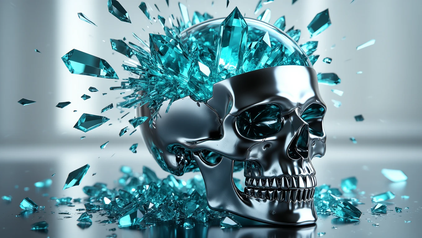 Ein glänzender Schädel mit zerbrochenem Kristall, der Weisheit symbolisiert.