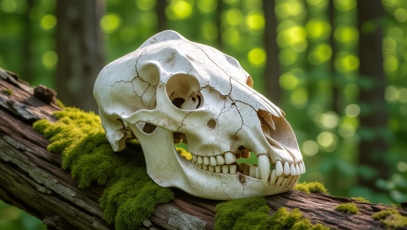 Ein Tierkopf-Skelett liegt auf einem moosbedeckten Baumstamm im Wald.