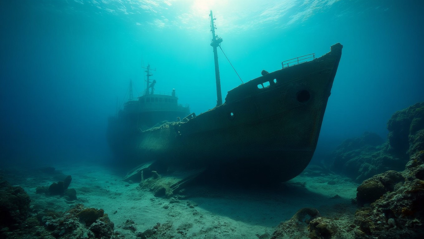 Ein gesunkenes Schiff auf dem Meeresboden, umgeben von klarem Wasser und Korallen.