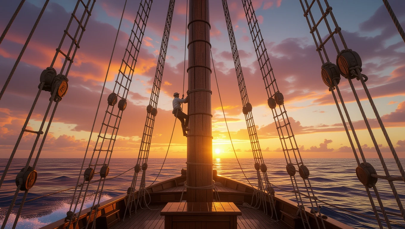 Ein Mann klettert einen Schiffsmast hinauf, während die Sonne untergeht.