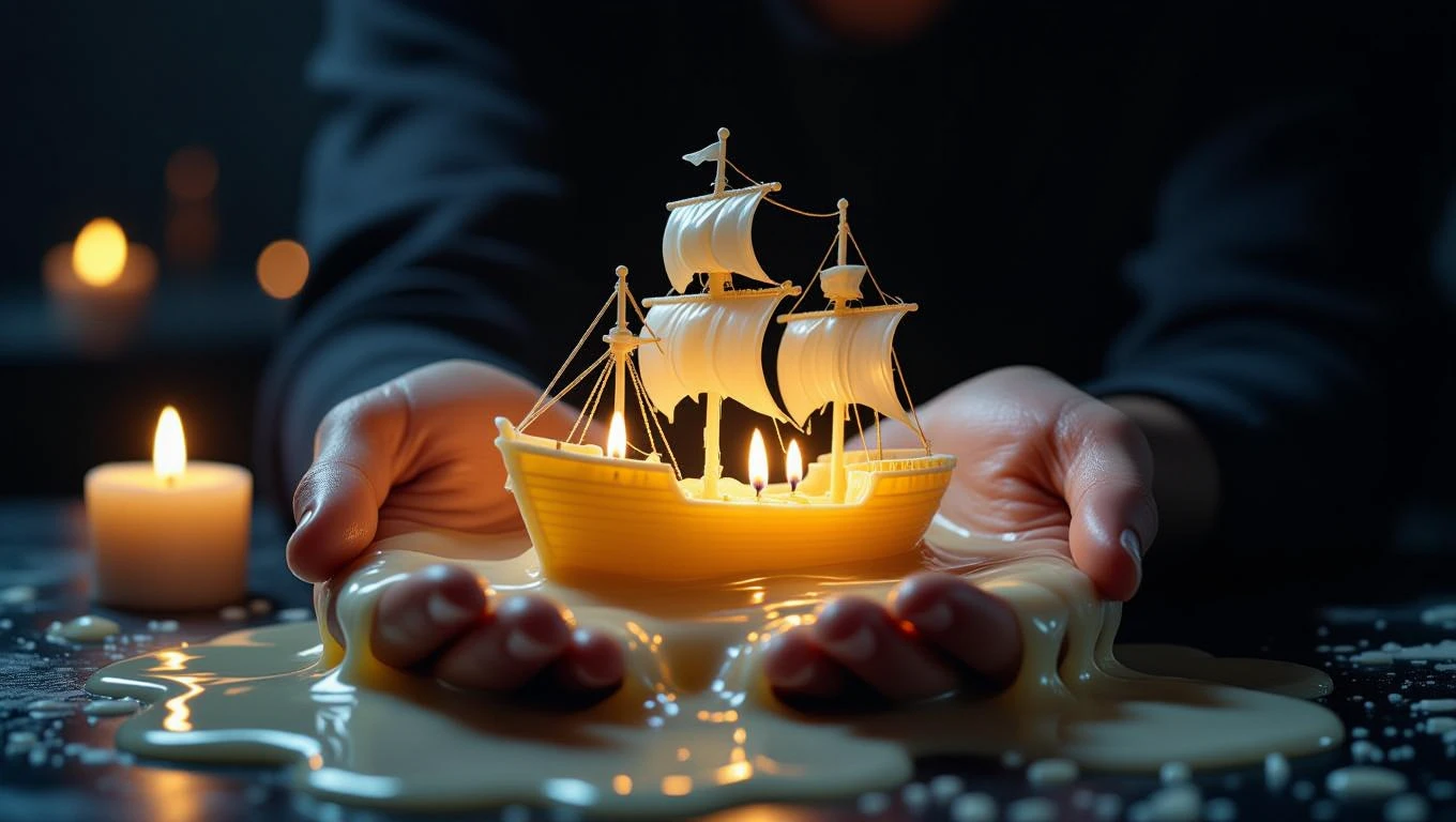 Eine handgefertigte Wachsfigur eines Schiffes, das auf einer Hand ruht.