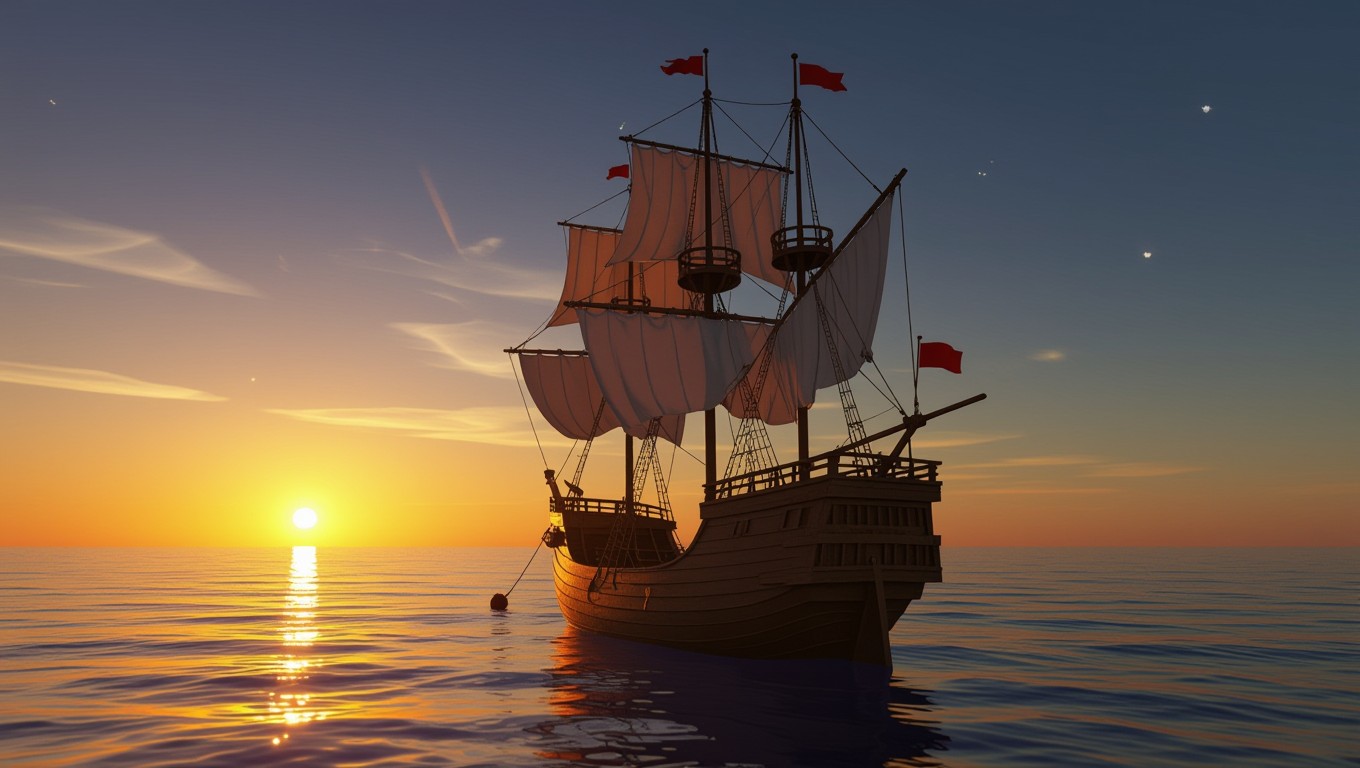 Ein Schiff mit weißen Segeln und roten Fahnen fährt auf ruhigem Wasser in den Sonnenuntergang.