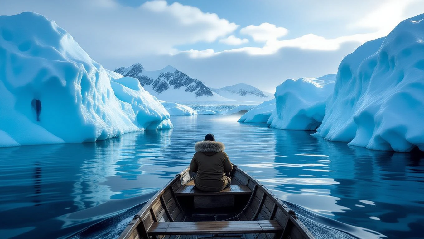 Ein Boot fährt zwischen großen Eisbergen in ruhigem Wasser.