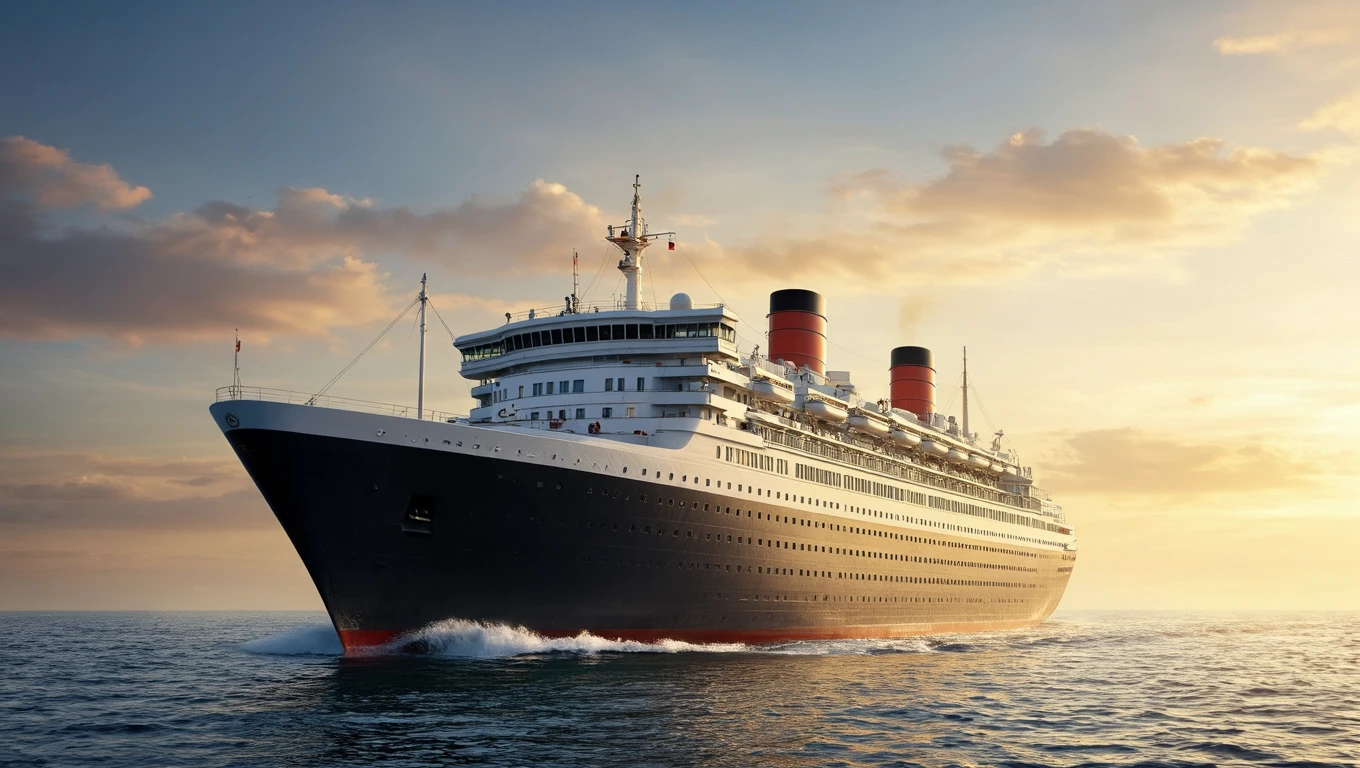 Ein majestätisches Kreuzfahrtschiff fährt durch ruhige Gewässer unter einem farbenfrohen Himmel.