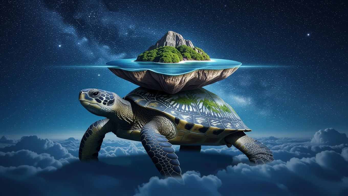 Eine Schildkröte trägt eine schwebende Insel mit Wasser und Bäumen auf ihrem Rücken.