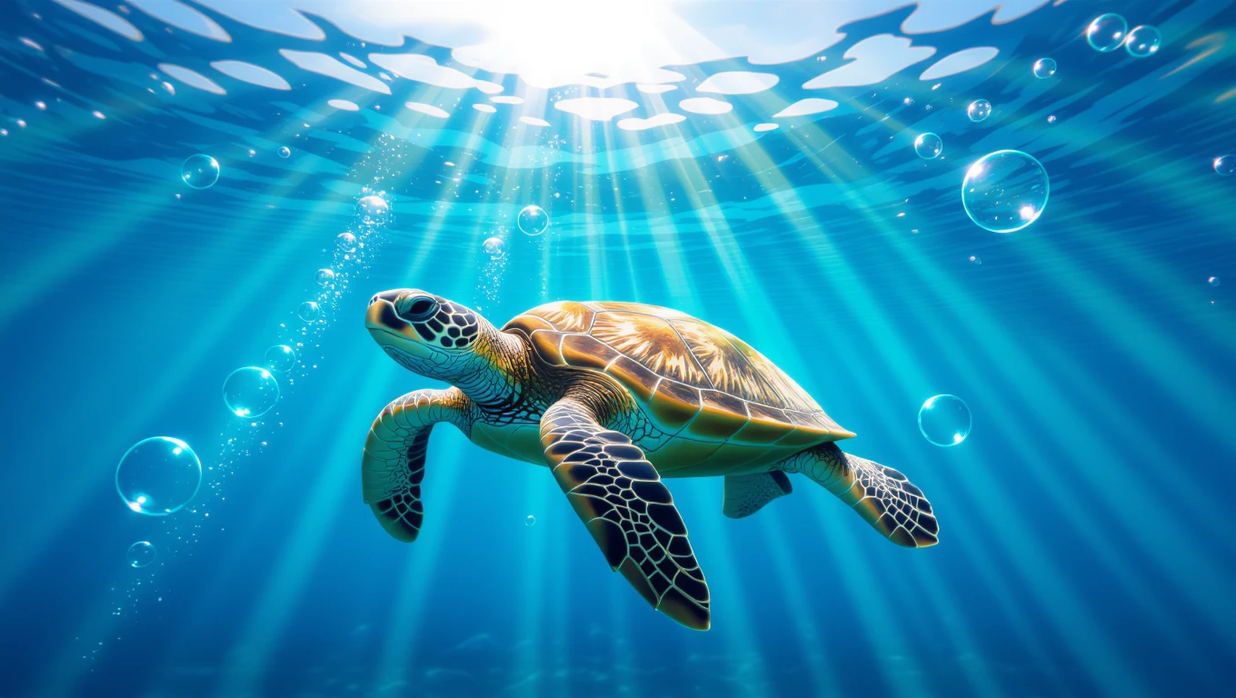Eine Schildkröte schwimmt majestätisch im klaren Wasser mit Sonnenstrahlen.
