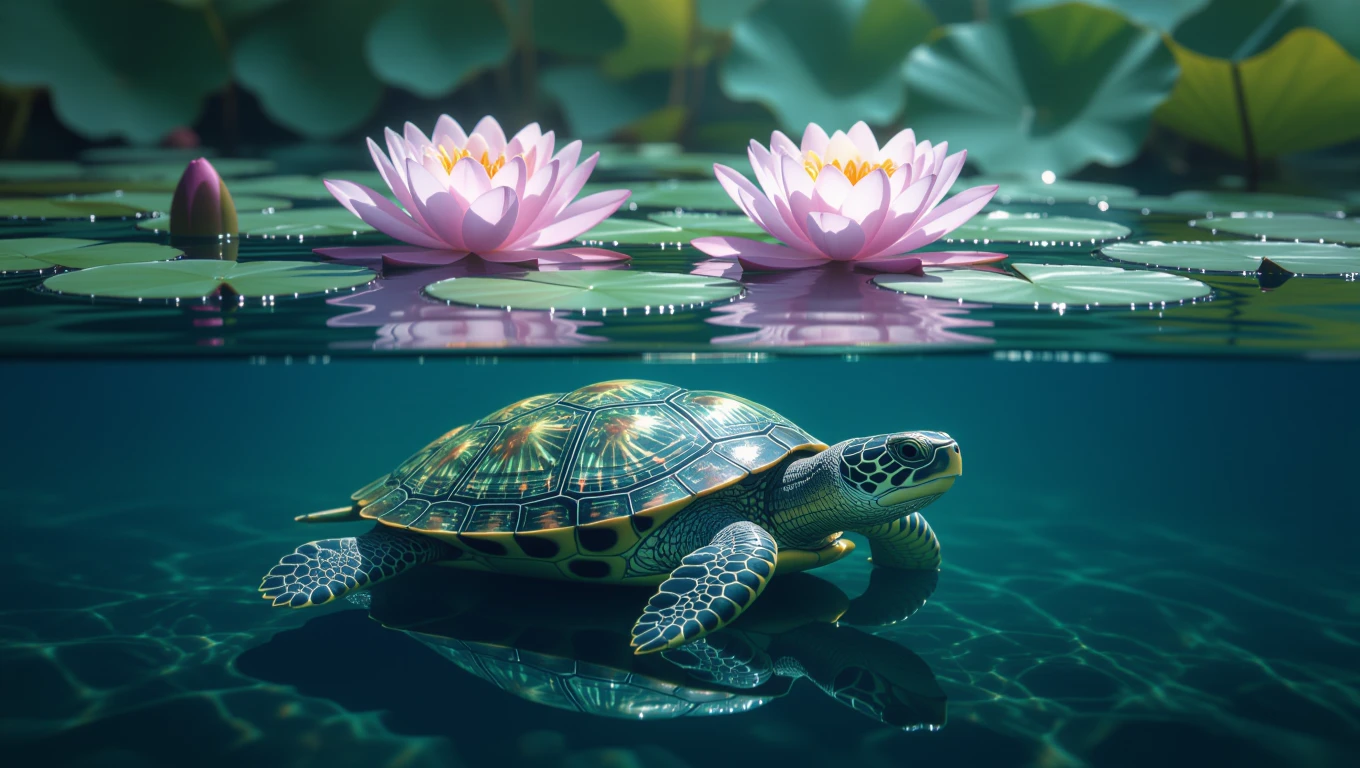 Eine Schildkröte schwimmt ruhig im Wasser zwischen Seerosen.