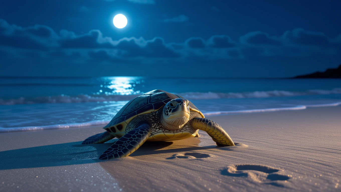 Eine Schildkröte kriecht langsam über den Sandstrand bei Nacht.