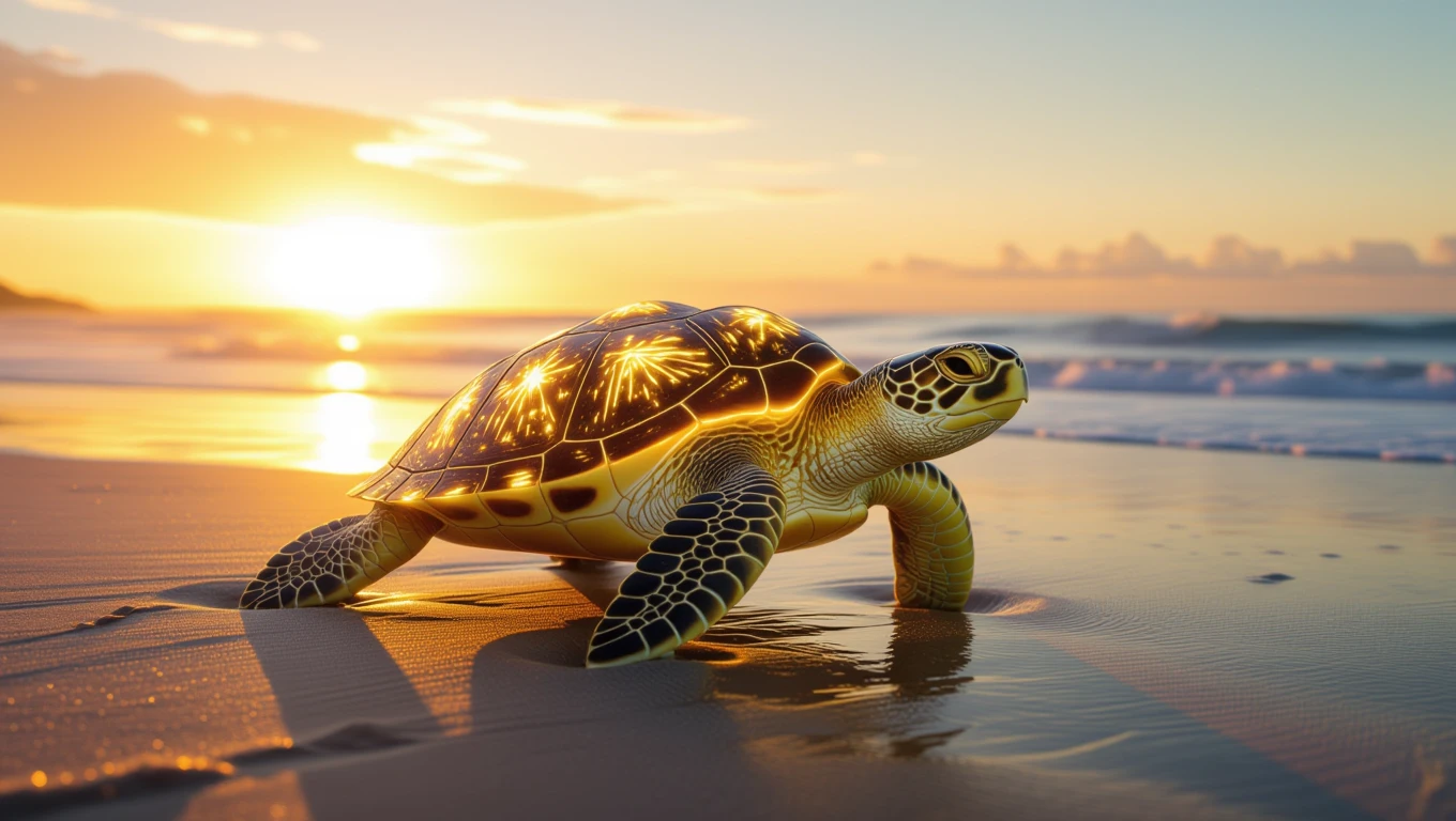 Eine Schildkröte am Strand bei Sonnenuntergang, symbolisiert Geduld und Schutz.