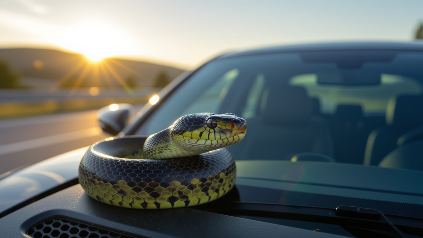 Eine Schlange liegt auf dem Armaturenbrett eines Autos bei Sonnenuntergang.