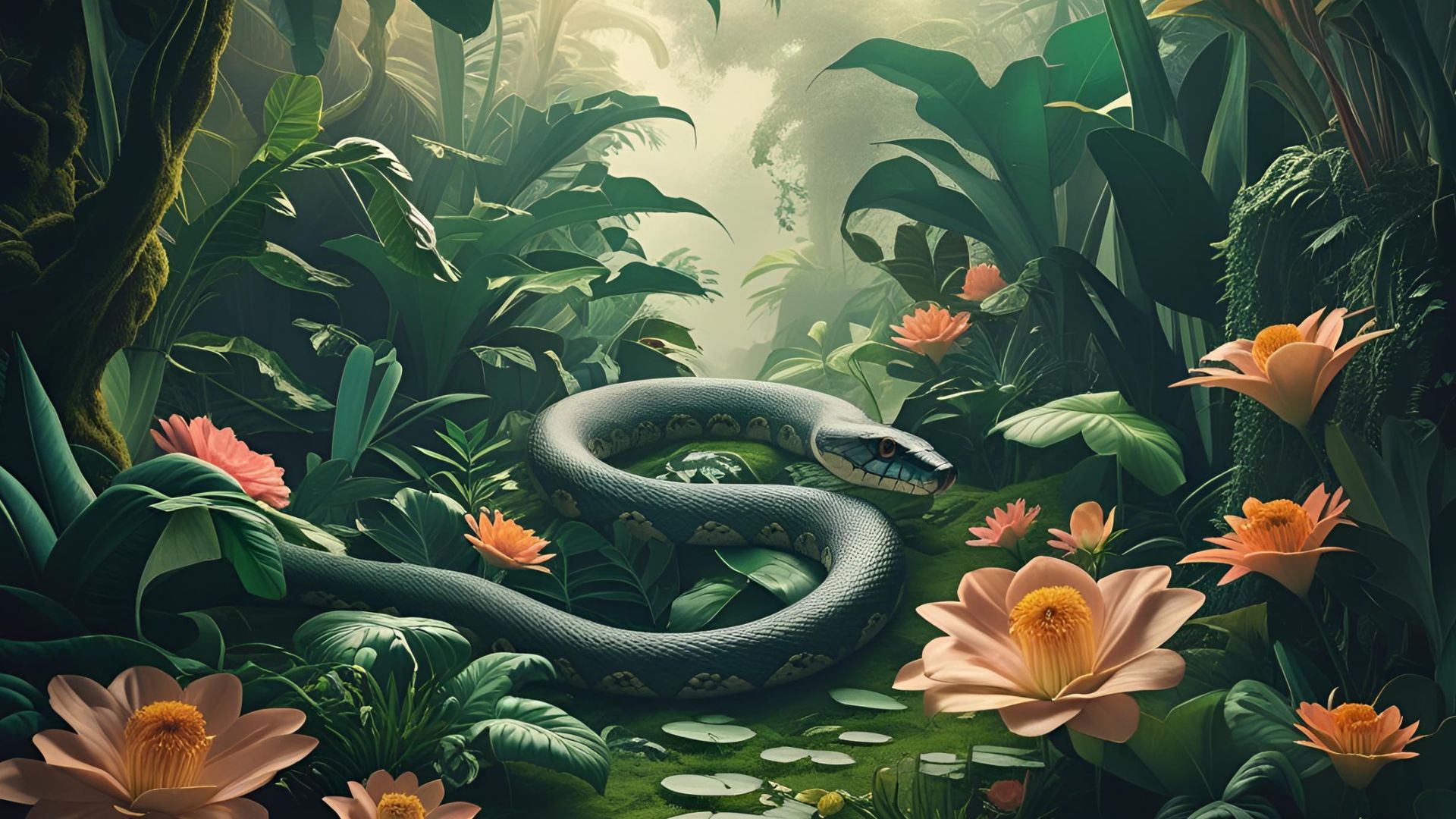 Eine Schlange schlängelt sich durch einen dichten, grünen Dschungel mit bunten Blumen.