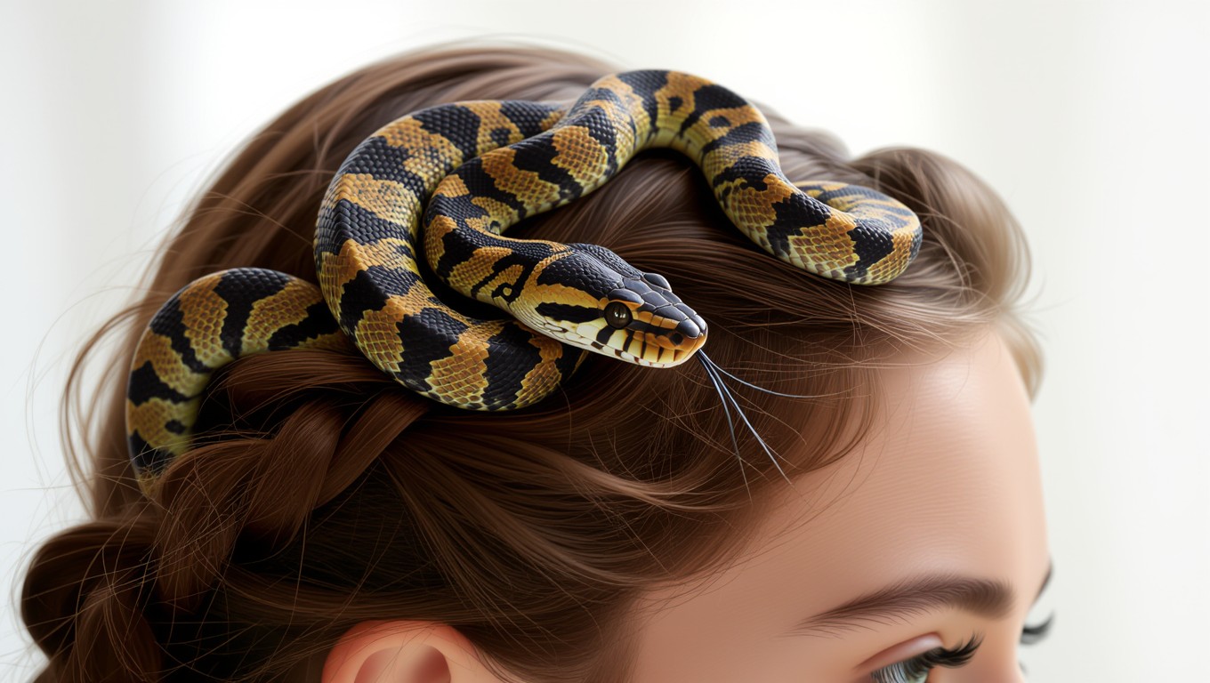Eine Schlange liegt sanft auf dem Kopf einer Person und symbolisiert Transformation.