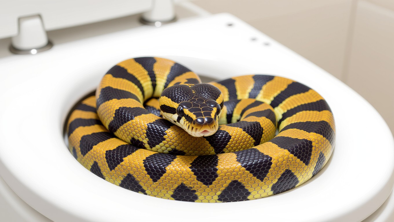 Eine Schlange mit gelb-schwarzem Muster, die auf einer Toilette liegt.