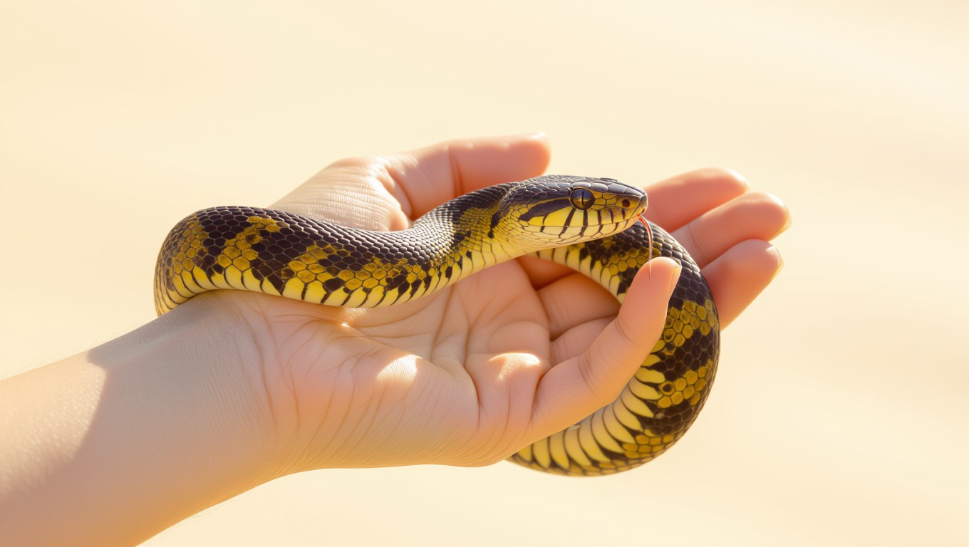 Eine Hand hält eine Schlange, die für Transformation und Heilung steht.