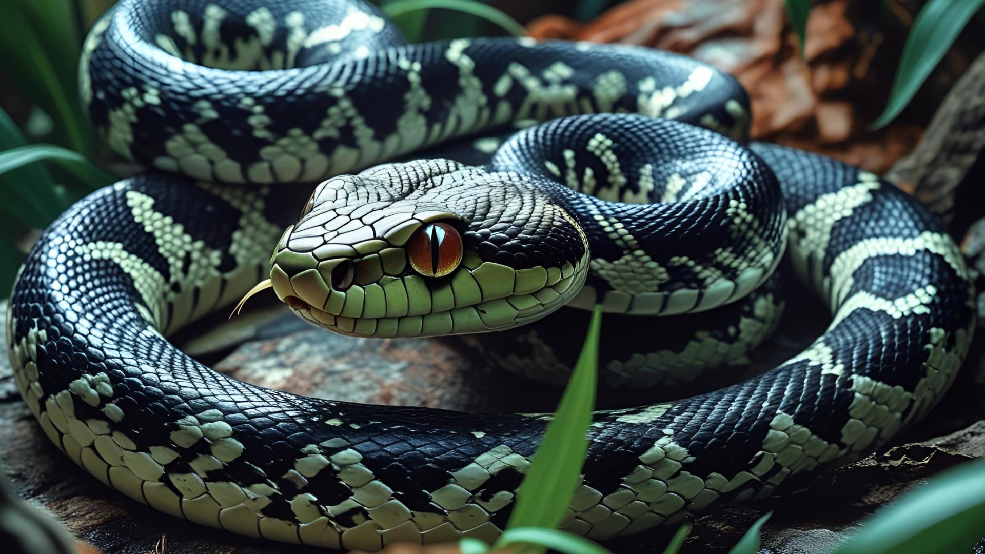 Eine schwarze und grüne Schlange, die sich elegant um einen Stein windet.