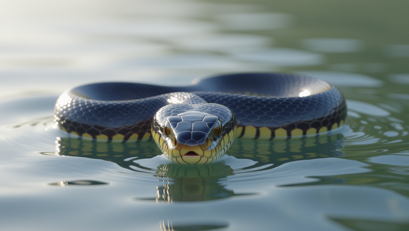 Eine Schlange schwimmt ruhig auf der Wasseroberfläche und symbolisiert Transformation.
