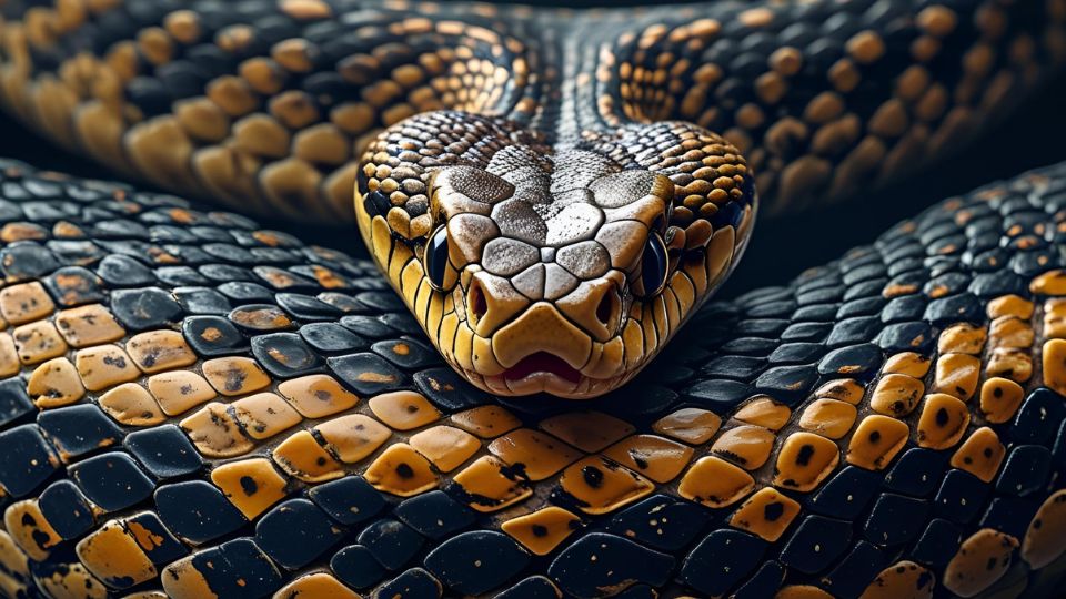 Nahaufnahme einer Schlange mit auffälligen gelben und schwarzen Schuppen.