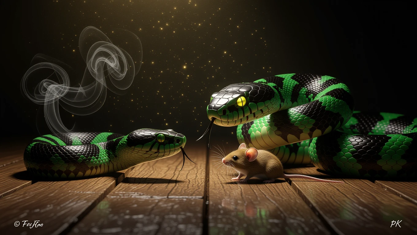 Eine grüne Schlange und eine Maus stehen sich auf einem Holzboden gegenüber.
