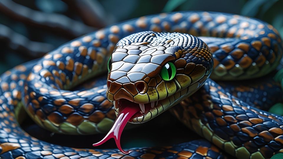 Eine detailreiche Schlange mit leuchtenden Augen und schillerndem Schuppenmuster.