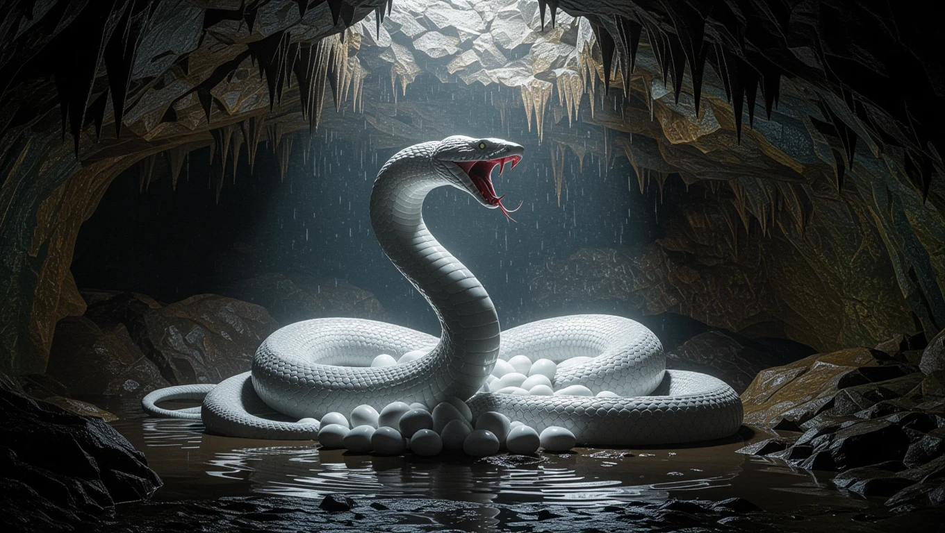Eine weiße Schlange in einer Höhle, umgeben von Eiern, symbolisiert Transformation.