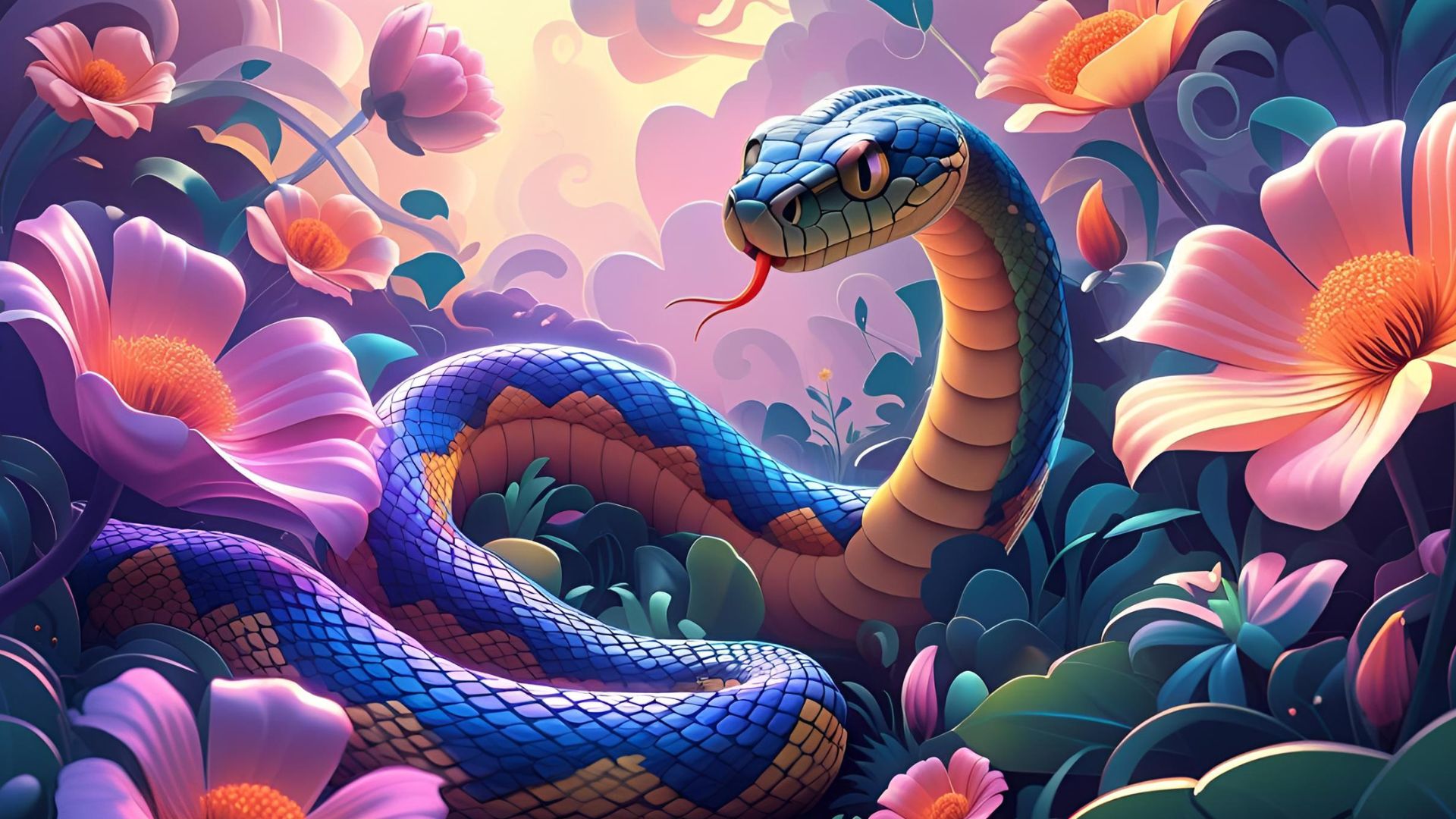 Eine farbenfrohe Schlange schlängelt sich durch blühende Blumen im Traum.