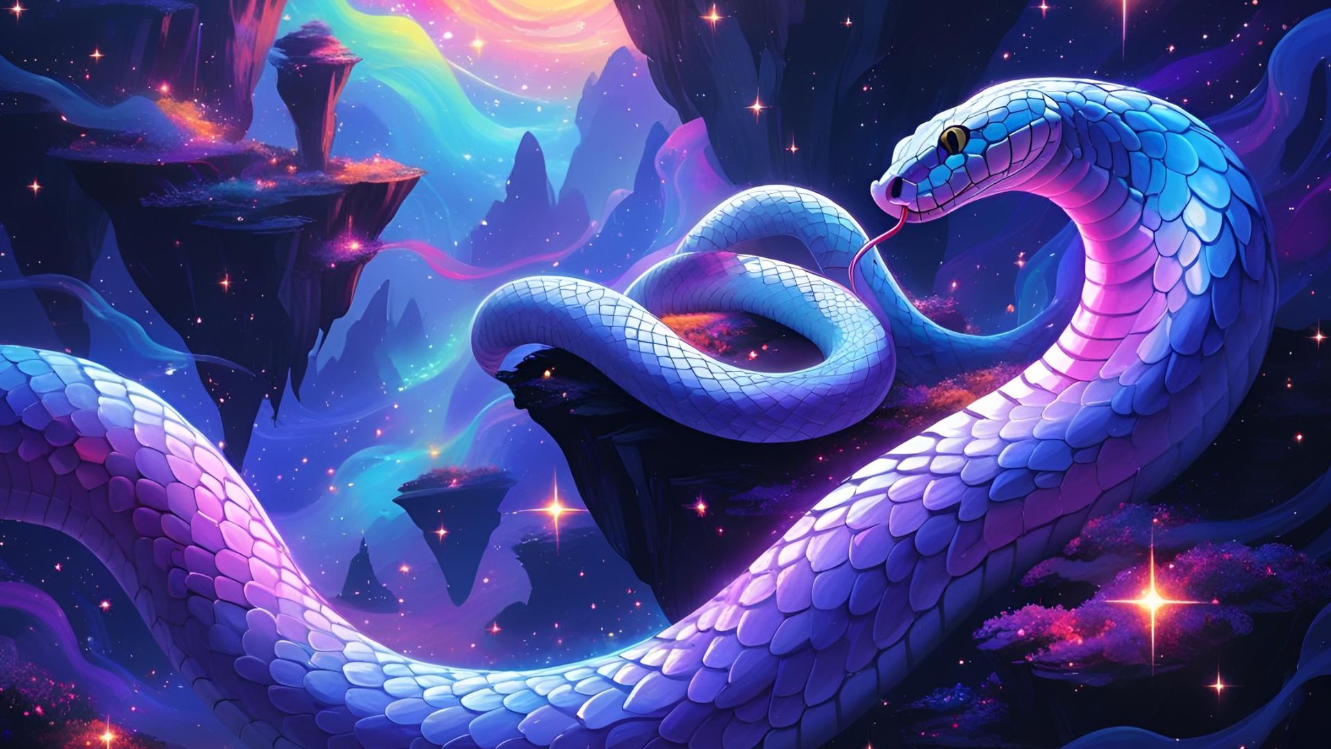 Eine schillernde Schlange in einer traumhaften, bunten Landschaft.