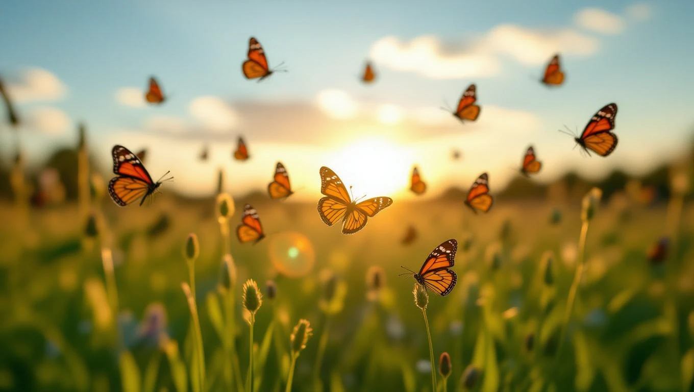 Eine Gruppe von Schmetterlingen fliegt über eine blühende Wiese bei Sonnenuntergang.