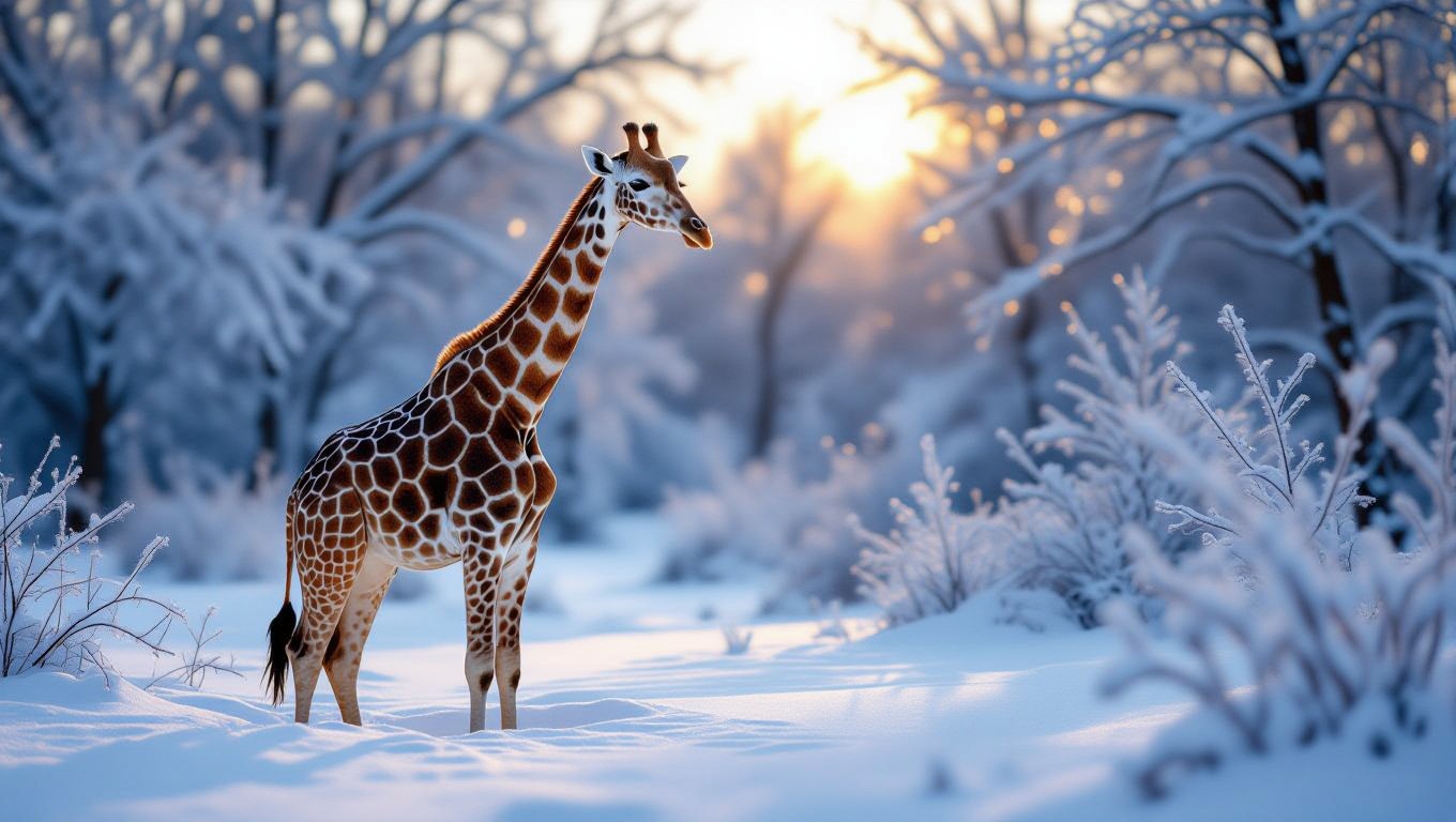 Eine Giraffe steht majestätisch im Schnee, umgeben von winterlicher Landschaft.