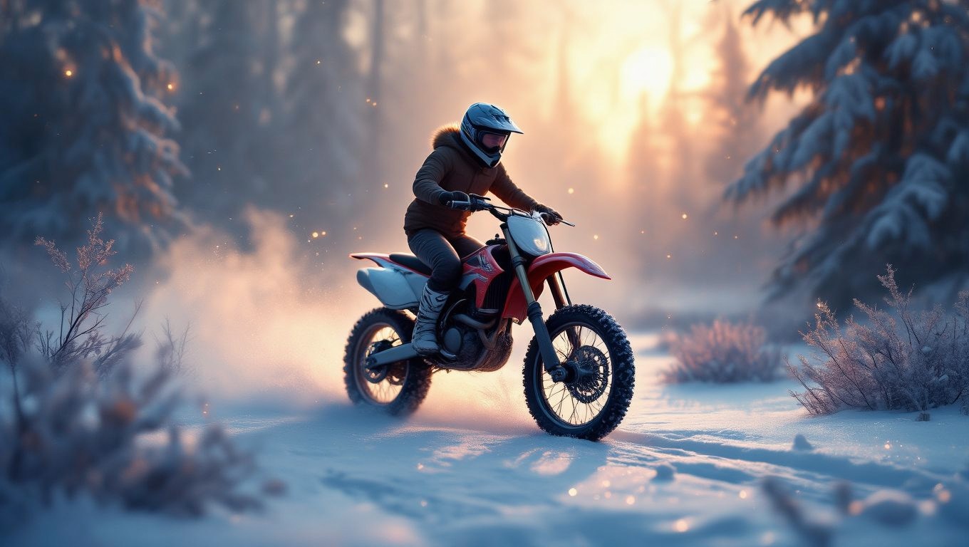 Ein Motorradfahrer fährt durch eine verschneite Winterlandschaft.