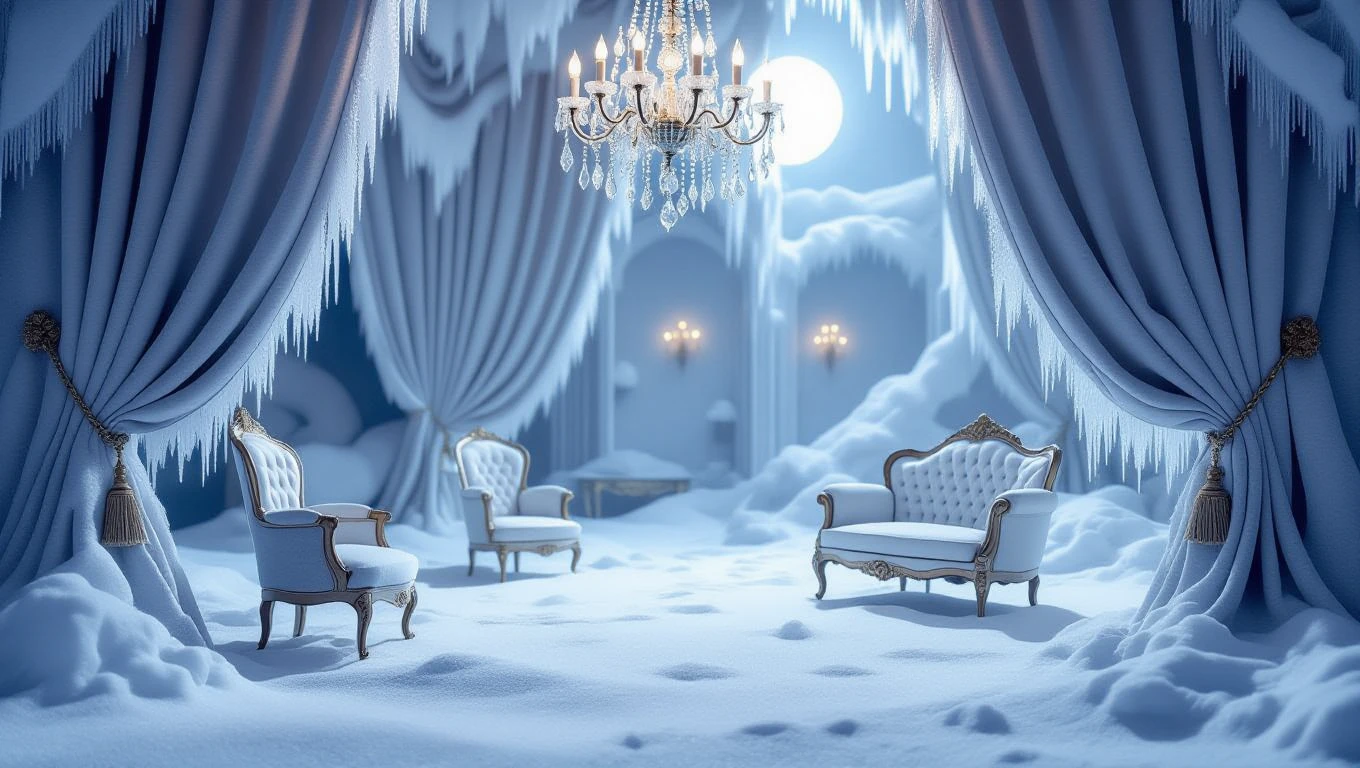 Ein eleganter Raum mit gefrorenen Vorhängen und schneebedecktem Boden, der Ruhe und Reinheit symbolisiert.