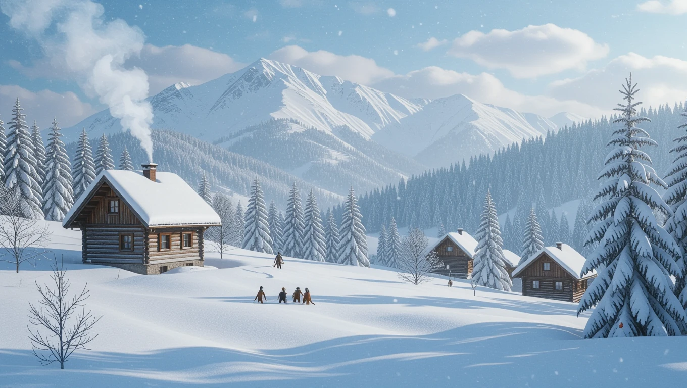 Eine verschneite Landschaft mit Holzhäusern und schneebedeckten Bäumen.