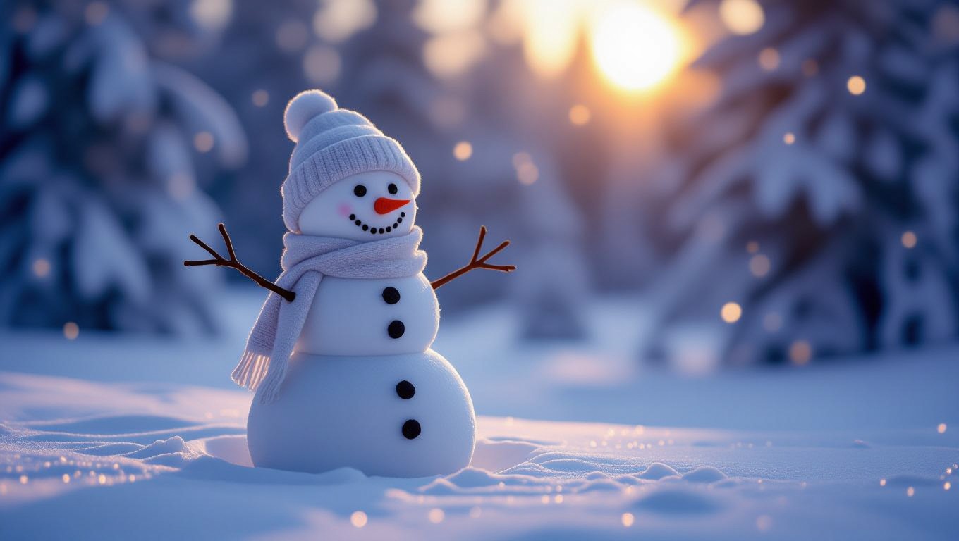 Ein fröhlicher Schneemann steht in einer verschneiten Landschaft mit Sonnenstrahlen.