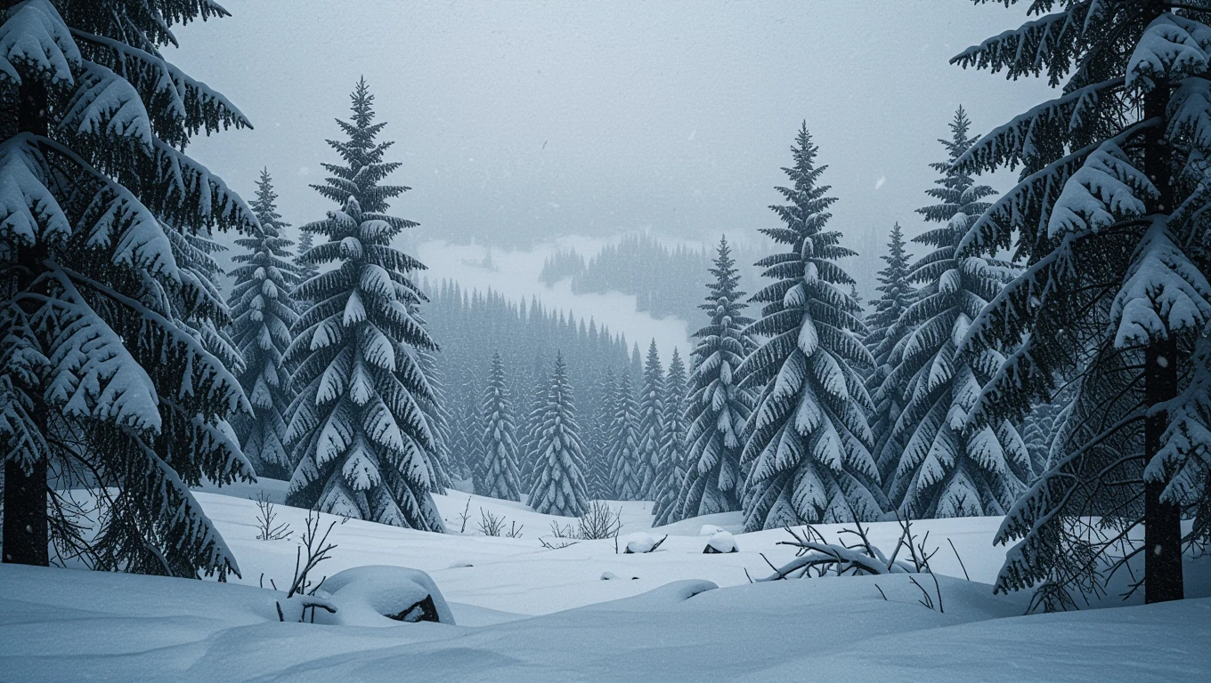 Eine verschneite Landschaft mit hohen Tannenbäumen und sanften Hügeln im Hintergrund.