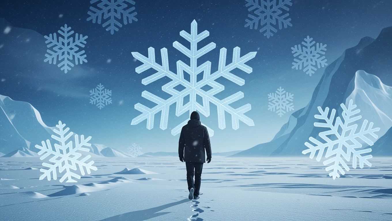 Ein Mensch wandert durch eine verschneite Landschaft mit großen Schneeflocken im Hintergrund.