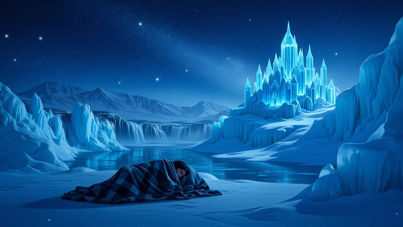 Eine schlafende Person in einer frostigen Landschaft mit einem glitzernden Eispalast im Hintergrund.
