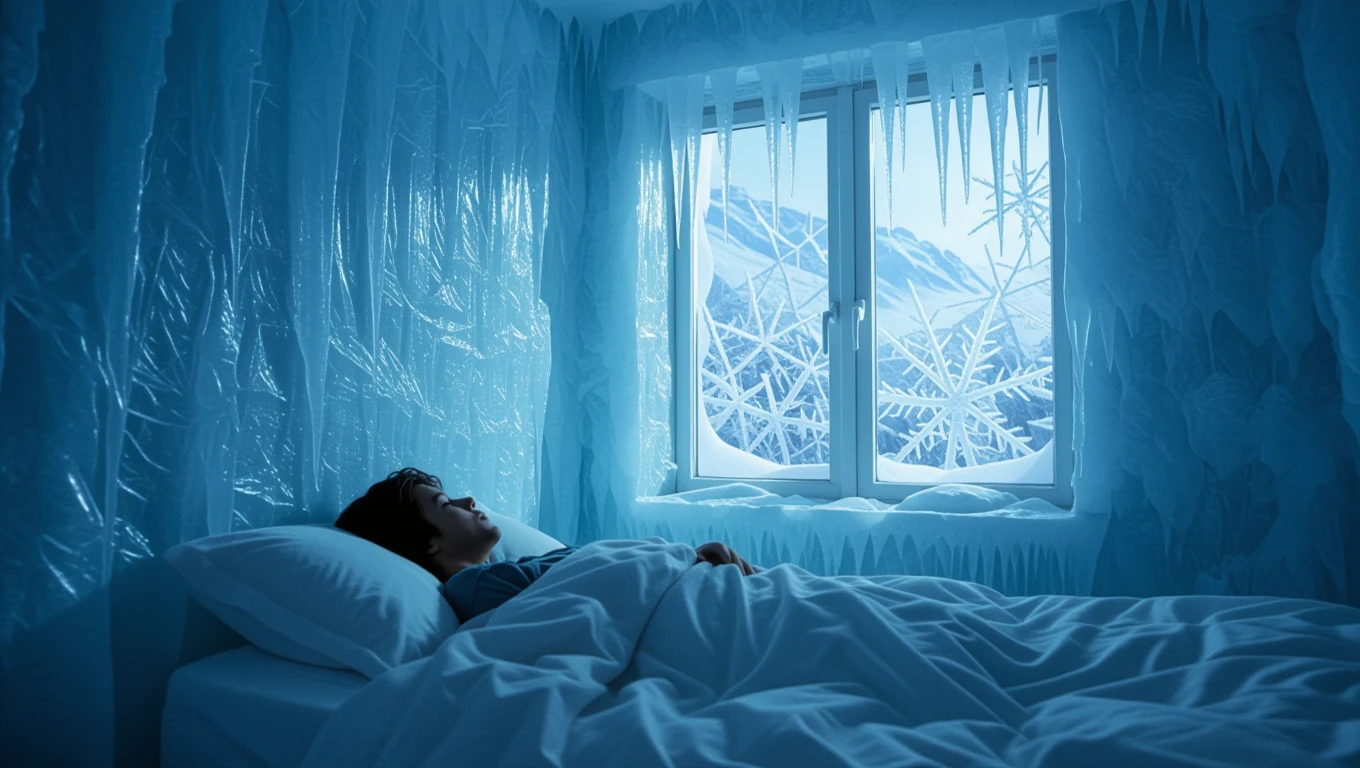 Ein schlafendes Kind in einem eisigen Raum mit gefrorenen Fenstern.