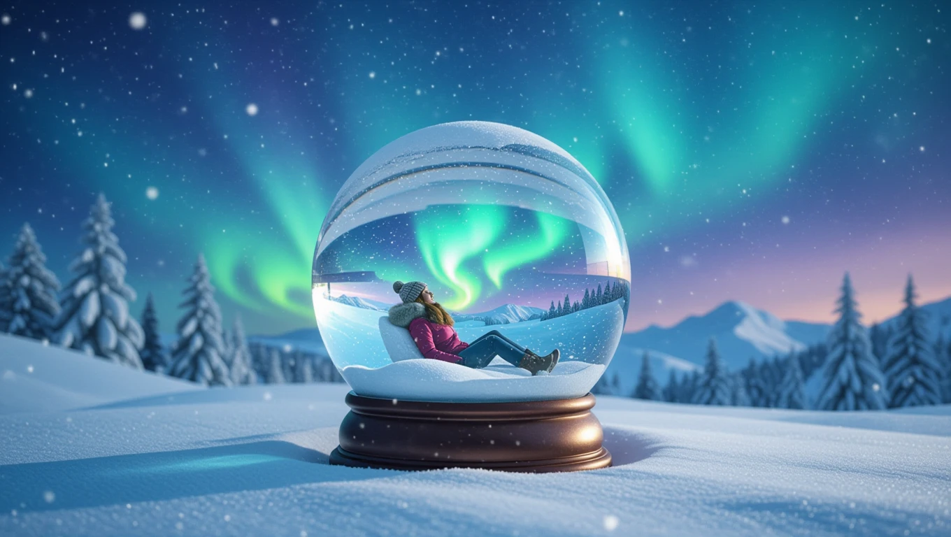 Eine Person sitzt entspannt in einer Schneekugel, umgeben von schneebedeckten Bäumen und Nordlichtern.