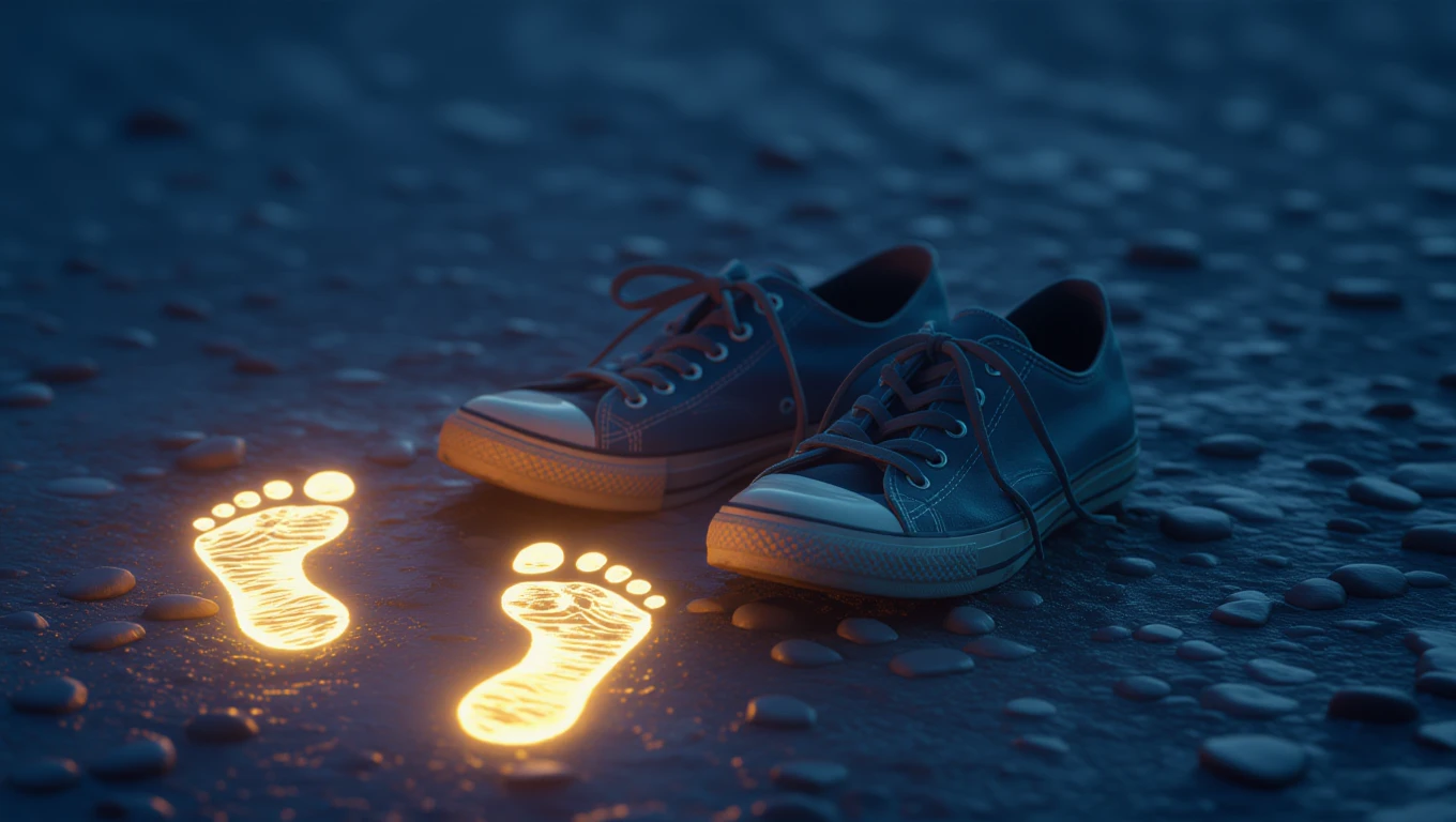 Ein Paar blaue Sneakers steht auf einem nassen Boden mit leuchtenden Fußabdrücken.