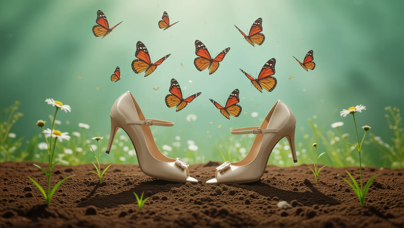 Zwei elegante, cremefarbene High Heels stehen auf fruchtbarem Boden, umgeben von Blumen und Schmetterlingen.