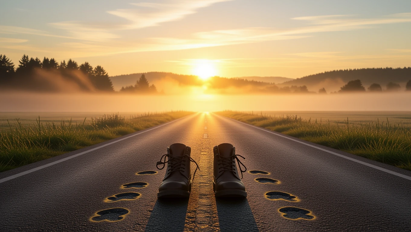 Ein Paar Schuhe steht auf einer leeren Straße bei Sonnenaufgang, umgeben von Nebel.